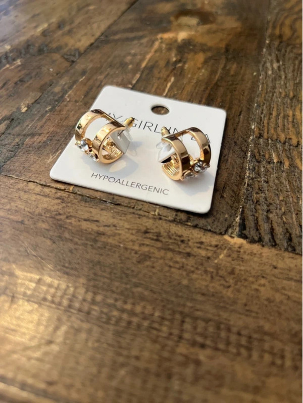NWT My Girl in LA Gold Plated Geometric Crystal Hoop Stud Earrings
